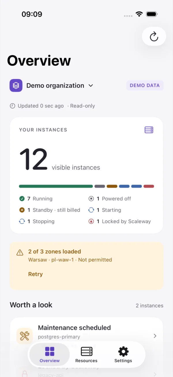 Overview screen showing 12 visible instances grouped by state