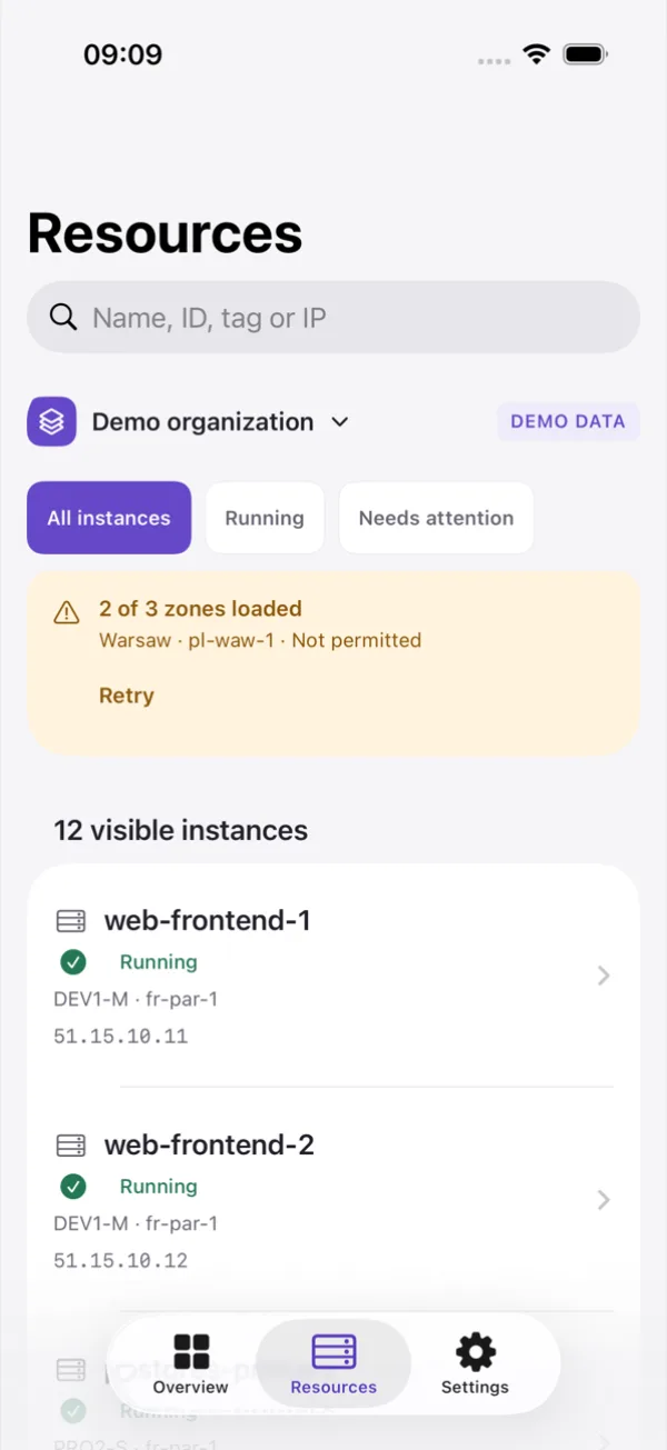 Resources screen listing instances with state, type, zone and address