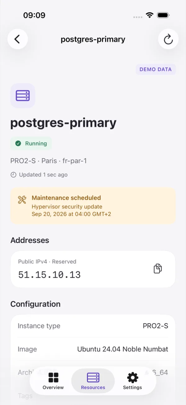 Instance detail screen with a scheduled maintenance notice and addresses